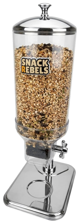 Dispenser gevuld met Rebel Bites — mix van rozijnen, gepofte spelt en pompoenpitten