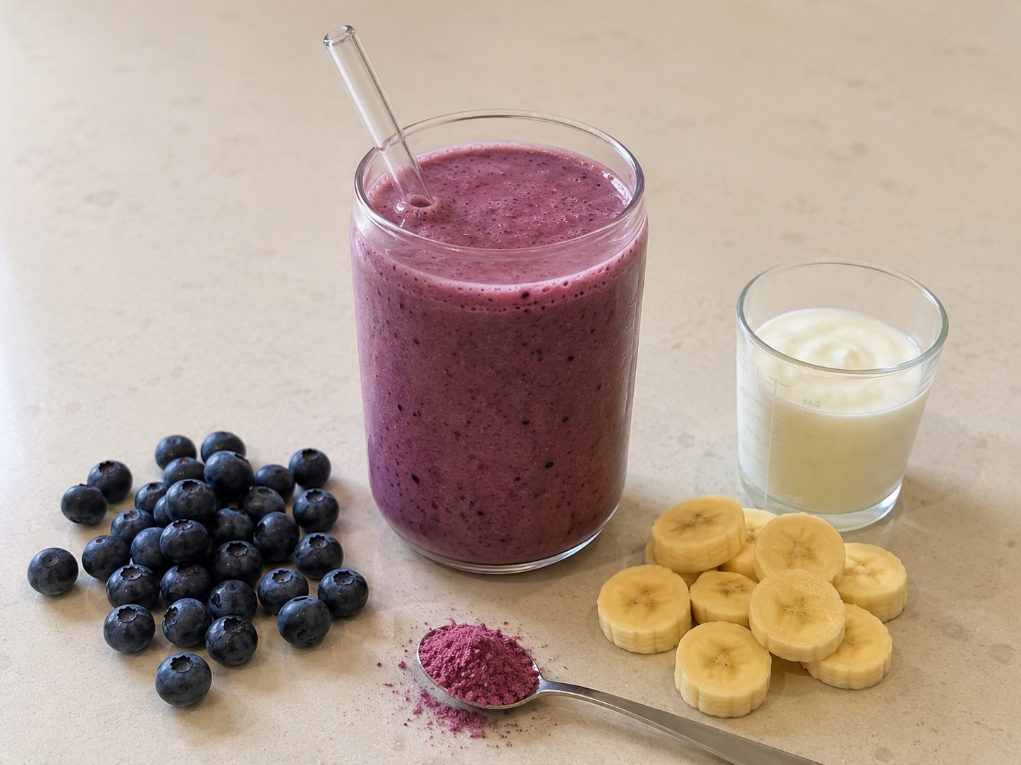 Paarse smoothie met wilde blauwe bes, banaan en verse blauwe bessen